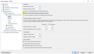 Trados Studio Project Settings window with Translation Memory and Automated Translation options, including a checked box for 'Search both project and main translation memories'.