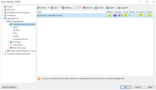 Trados Studio Project Settings window showing a warning message that no translation memories or automated translation providers are set for certain language pairs.