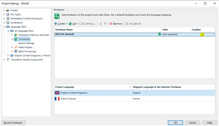 Trados Studio Project Settings window displaying Termbase options with a selected termbase for French (France) language.