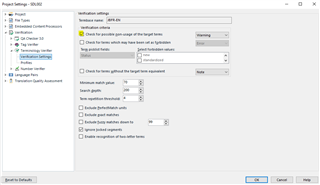 Trados Studio Project Settings window showing Verification settings with options for term consistency checks and a checked box for 'Enable term verification'.
