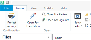 Trados Studio interface showing the Home tab with options like 'Open For Review' and 'Open For Sign-off'.