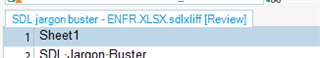 Trados Studio Editor tab showing a file named 'SDL_jargon buster - EN-FR.XLSX.sdlxliff Review' with 'Sheet1' and 'SDL_Jargon-Buster' listed.