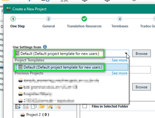 Trados Studio screenshot showing the 'Create a New Project' window with 'Use Settings from' dropdown menu open, highlighting 'Default (Default project template for new users)' option.