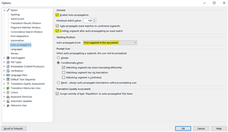 Trados Studio settings window with 'Auto-propagate exact matches' section highlighted, showing 'Confirm segment after auto-propagating an exact match' option checked.