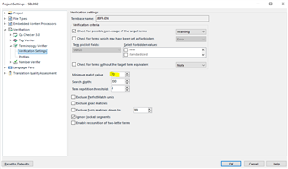 Trados Studio Project Settings window showing Verification settings with a minimum match value of 70%.