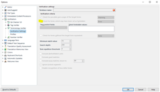 Trados Studio Options window with a warning icon indicating an issue in Verification settings.