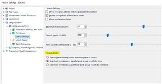 Trados Studio Project Settings window showing Search Order options under Term Recognition settings with 'Search directionally until a matching term is found' selected.