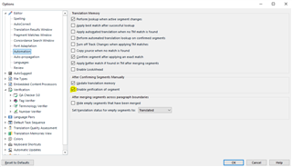 Trados Studio Options window with Verification settings, highlighting the 'Enable verification on manual confirmation of a segment' checkbox.