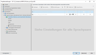 Trados Studio screenshot showing a warning message 'Siehe Einstellungen f r alle Sprachpaare' indicating to check settings for all language pairs.
