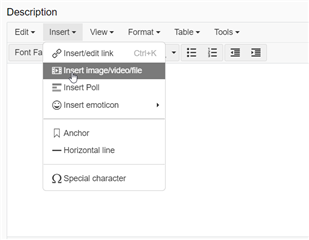 Screenshot showing the 'Insert' dropdown menu in Trados Studio with options for inserting image, video, poll, emoticon, anchor, horizontal line, and special character.