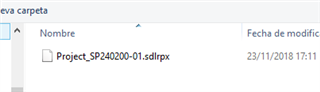 Screenshot showing a file explorer window with a single file named 'Project_SP242000-01.sdlrpx' last modified on 23112018 at 17:11.