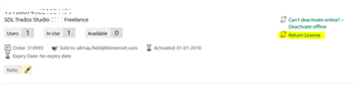 SDL Trados Studio - Freelance license page showing 'Return License' button and a warning message 'Can't deactivate online - activation offline'.