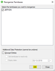 Reorganize Termbases dialog box with a termbase selected and an option to encrypt entries checked.