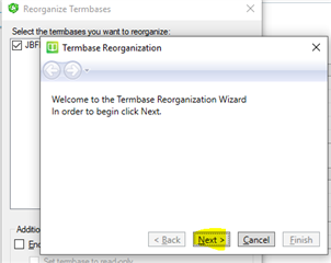 Termbase Reorganization Wizard window with 'Next' button highlighted indicating the start of the reorganization process.