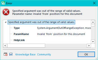 Error dialog box in Trados Studio displaying message: Specified argument was out of the range of valid values. Parameter name: Invalid 'from' position for this document.