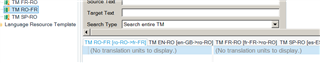 Trados Studio Translation Memory view showing multiple TMs with the message 'No translation units to display' indicating an empty TM or lack of matches.