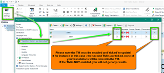 Trados Studio project settings window with arrows pointing to 'Translation Memory and Automated Translation' settings and a note on ensuring TM is enabled and ticked for update.
