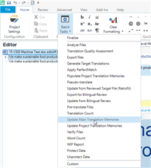 Trados Studio menu with 'Batch Tasks' dropdown open showing the option 'Update Project Translation Memories' for TM updates.