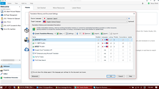 Trados Studio project settings window showing Translation Memory and Automated Translation tab with a list of translation memories and an error icon next to 'FW_ISIM' memory.