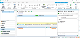 Trados Studio interface showing the Editor view with a segment containing a telephone number highlighted. Advanced Display Filter is active with 'telephone number' as the filter criteria.