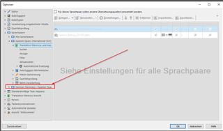 Trados Studio Options window with 'German(Germany)->Spanish(Spain)' selected in the Language Pairs list. A red arrow points to the 'Siehe Einstellungen fur alle Sprachpaare' button.