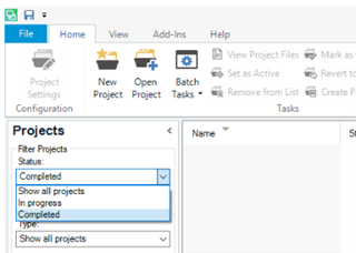 Trados Studio screenshot showing the Projects view with the filter dropdown menu open, accidentally set to 'Completed', resulting in no projects displayed.