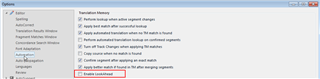 Trados Studio Options window showing Editor settings with Automation tab open. LookAhead feature is highlighted with a red box indicating it is enabled.