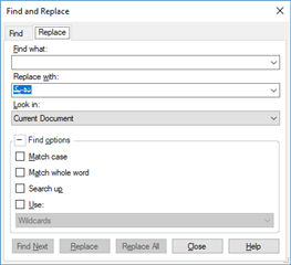 Trados Studio's 'Find and Replace' dialog box with options for finding and replacing text within the current document.