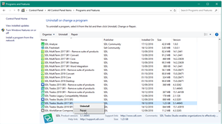 Windows Control Panel's 'Programs and Features' list showing Trados Studio 2019 SR2 - Click to Uninstall highlighted.