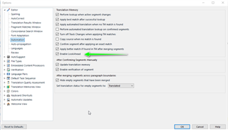 Trados Studio options window showing Translation Memory settings with LookAhead feature unchecked.