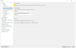 Trados Studio options menu with 'Search Results Window' settings, showing options for color highlighting matched segments.