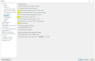 Trados Studio options menu with 'Translation Memory' settings, including options for confirming segments and applying penalties to fuzzy matches.