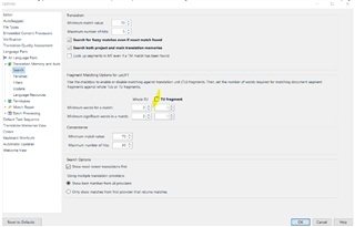 Trados Studio options menu with 'Translation Memory and Automated Translation' settings, showing fragment matching options disabled.