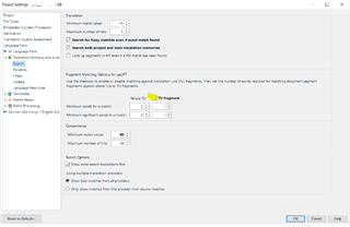 Trados Studio project settings menu with 'Translation Memory and Automated Translation' settings, fragment matching options disabled.