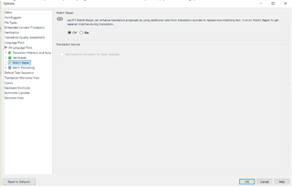 Trados Studio options menu with 'Match Repair' settings, showing the option to turn off match repair functionality.