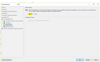 Trados Studio project settings menu with 'Match Repair' settings, showing the option to turn off match repair functionality.