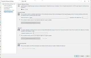 Trados Studio 'Translation Memory and Automated Translation' settings with 'upLIFT' options, showing where to disable fragment alignment.