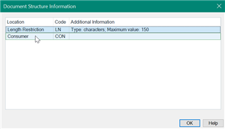 Screenshot of Document Structure Information window in Trados Studio with Length Restriction selected, showing type as characters and maximum value as 150.