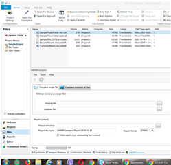 Screenshot of Trados Studio with the SDLXLIFFCompare icon visible in the toolbar. The window is partially dragged up to reveal the lower part of the report.