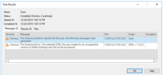 Trados Studio task results window with a warning message stating 'Pre-Scanning Error: The selected file, Only_EN.idml, was created by an unsupported version of Adobe InDesign and will not be processed.'