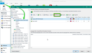 Trados Studio project settings window showing Translation Memory and Automated Translation settings with a green arrow pointing to 'Add Translation Memory'.