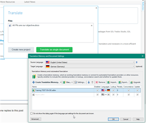 Trados Studio translate window with 'Translate a single document' option selected and Translation Memory settings visible.