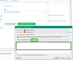 Trados Studio translate window with Translation Memory settings, highlighting the 'Remove Translation Memory' button.