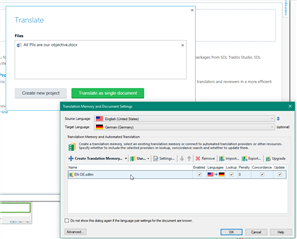 Trados Studio translate window with Translation Memory settings, showing the 'Create Translation Memory' button enabled.