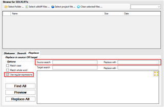 Screenshot of Trados Studio's Sdlxliff toolkit with the 'Replace in source' option highlighted, showing fields for 'Source search' and 'Replace with'. The 'Use regular expressions' checkbox is checked.