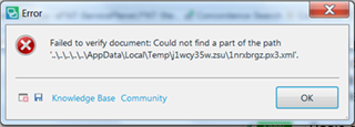 Error message window titled 'Error' with a red cross icon, stating 'Failed to verify document: Could not find a part of the path ...LocalTemp1wy35wzu1nexbrgz.px3.xml'. Buttons for 'Knowledge Base' and 'Community' are visible, as well as an 'OK' button.