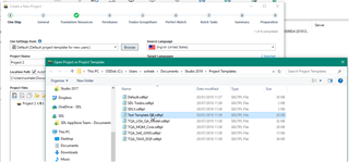 Trados Studio screenshot showing the templates folder with a list of templates including 'Default.sdltpl', 'NAATI.sdltpl', and 'TAS.sdltpl' among others.
