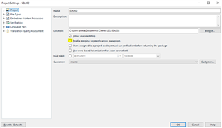 Trados Studio project settings window showing an option 'Enable merging segments across paragraphs' checked.