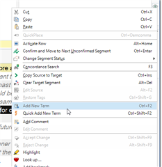 Trados Studio right-click context menu with 'Add New Term' option highlighted indicating the action to add a term.