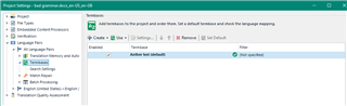 Trados Studio Project Settings window showing Termbases section with 'Active but invalid' status for a termbase and 'Path not specified' error.